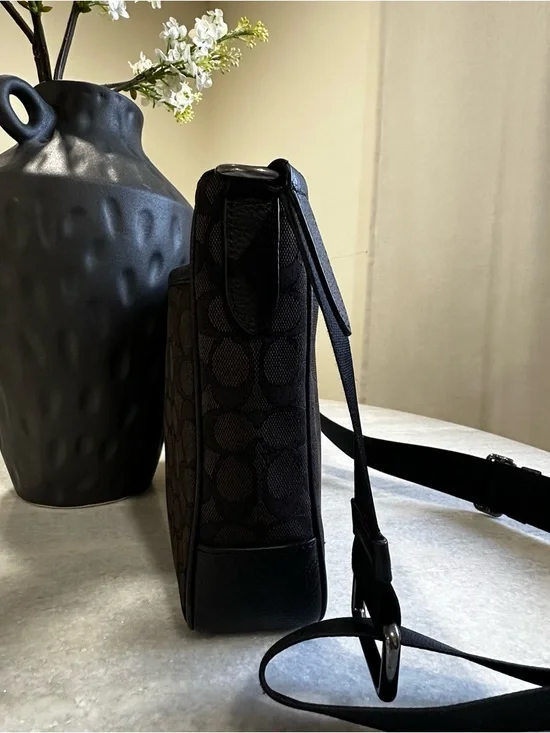 Coach Black Signature Messenger Bag with Brown Center Stripes - Picture 6 of 8